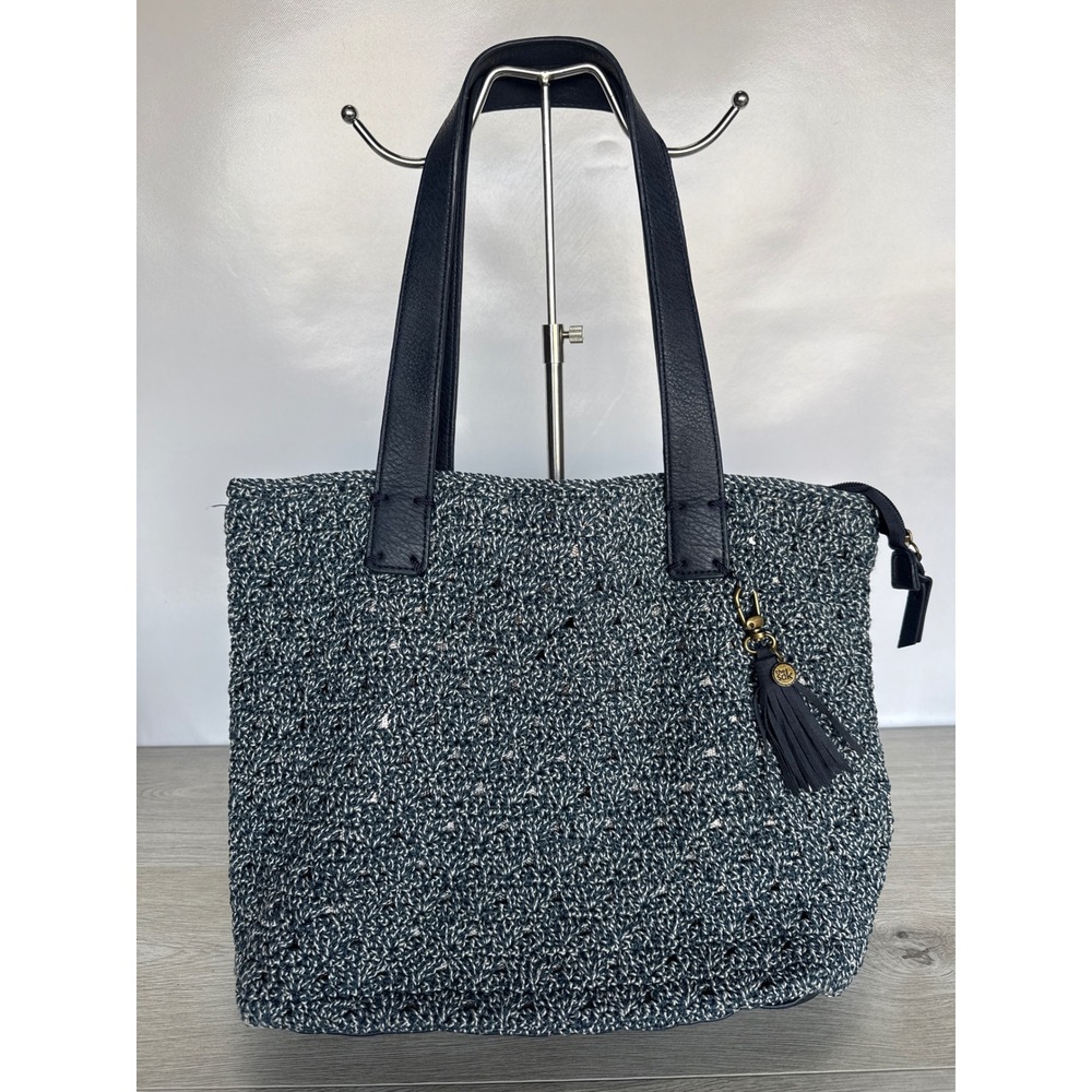 The Sak Tote Bag Crochet Knit Leather Trim Navy Grey Tassel Boho Shoulder Bag
